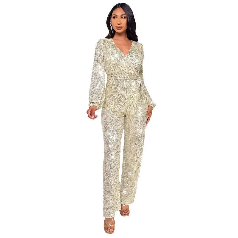 2024 new plus size women ladies sparkly red gold sequin long sleeve full romper jumpsuit women party club clothing with bandage