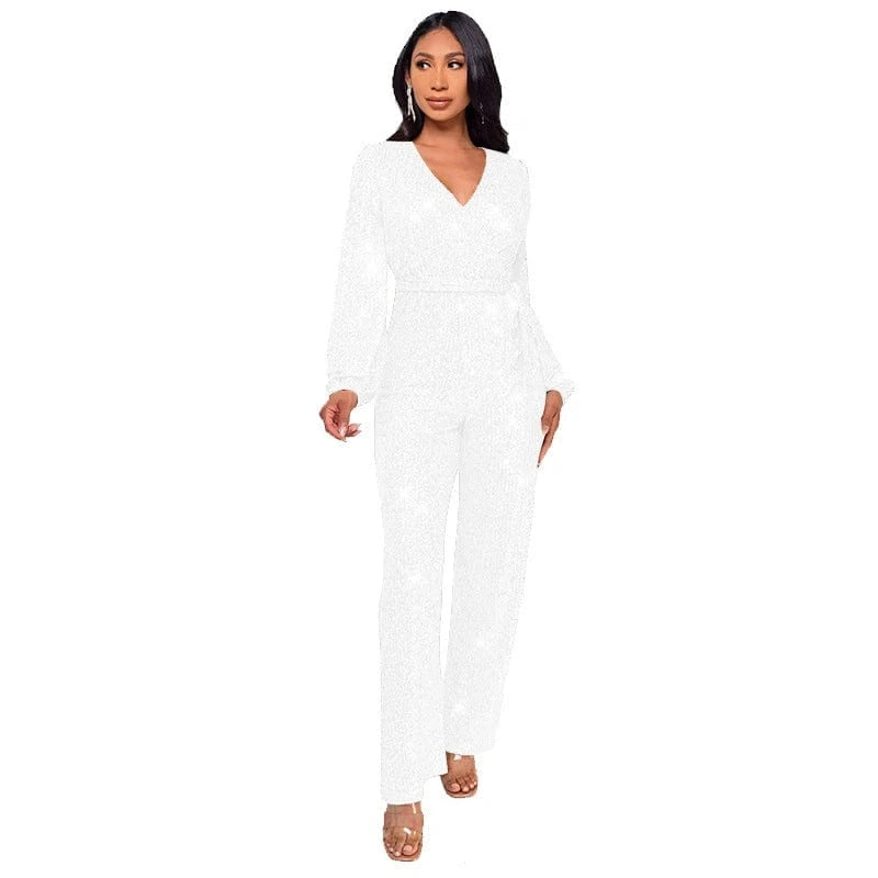 2024 new plus size women ladies sparkly red gold sequin long sleeve full romper jumpsuit women party club clothing with bandage