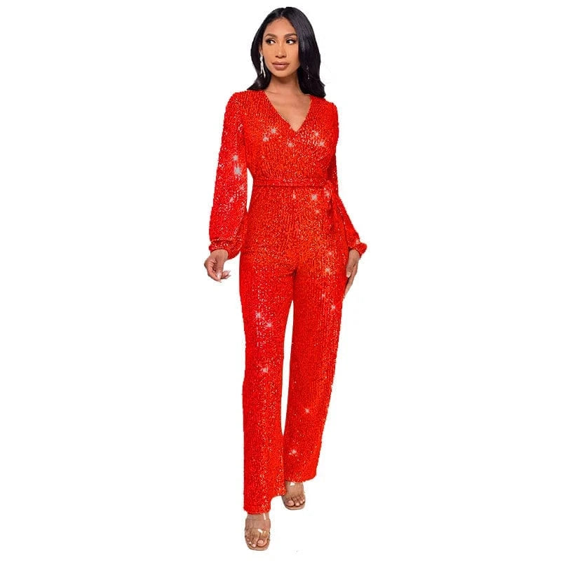 2024 new plus size women ladies sparkly red gold sequin long sleeve full romper jumpsuit women party club clothing with bandage