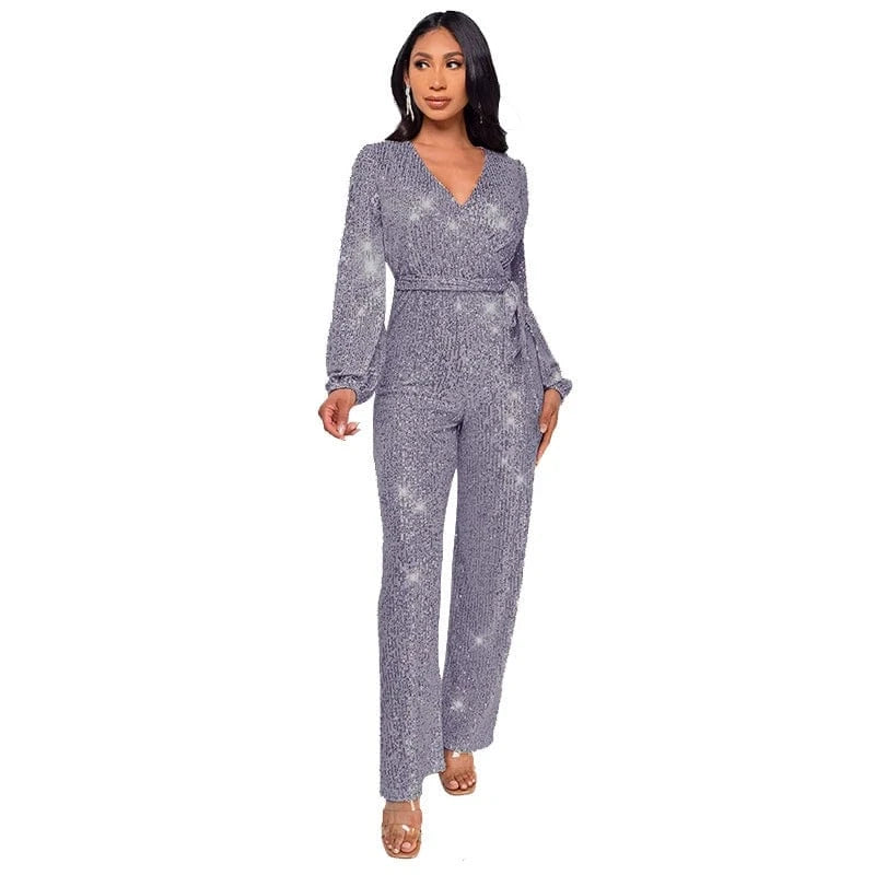 2024 new plus size women ladies sparkly red gold sequin long sleeve full romper jumpsuit women party club clothing with bandage