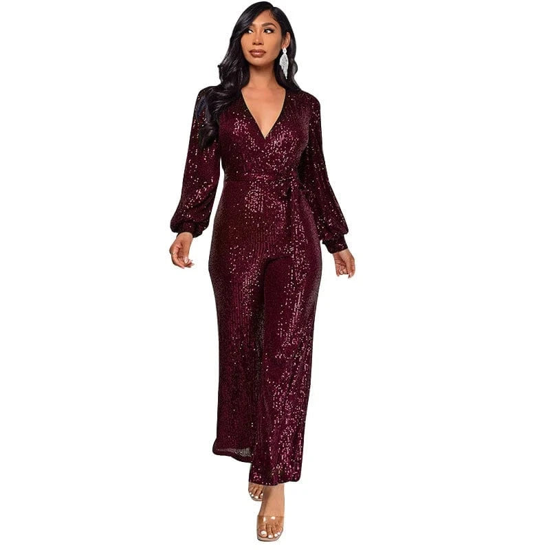 2024 new plus size women ladies sparkly red gold sequin long sleeve full romper jumpsuit women party club clothing with bandage