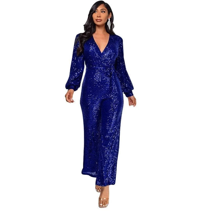 2024 new plus size women ladies sparkly red gold sequin long sleeve full romper jumpsuit women party club clothing with bandage