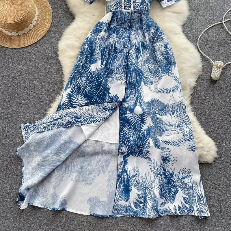 2024 Summer Casual Blouse Print Long Skirt Light Elegant Dress With Belt