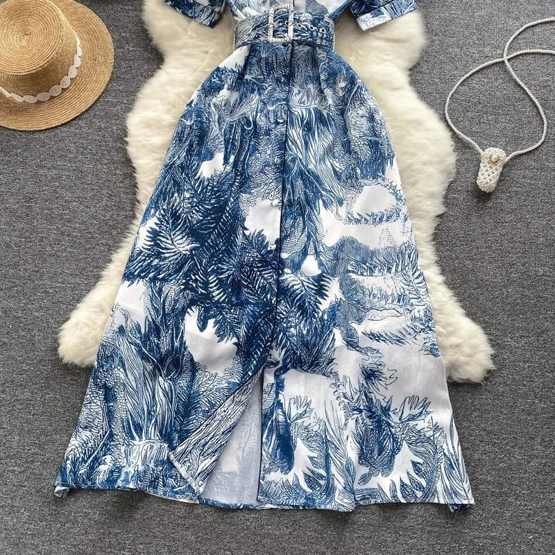 2024 Summer Casual Blouse Print Long Skirt Light Elegant Dress With Belt