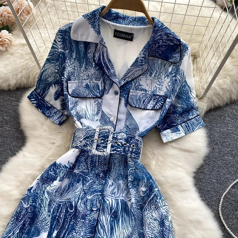 2024 Summer Casual Blouse Print Long Skirt Light Elegant Dress With Belt