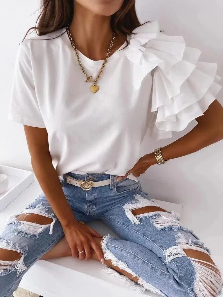 2024 Summer Minimalist Fashionable Women Shirts Tops Solid Color Women's Ruffle Edge Short Sleeve Versatile Round Neck