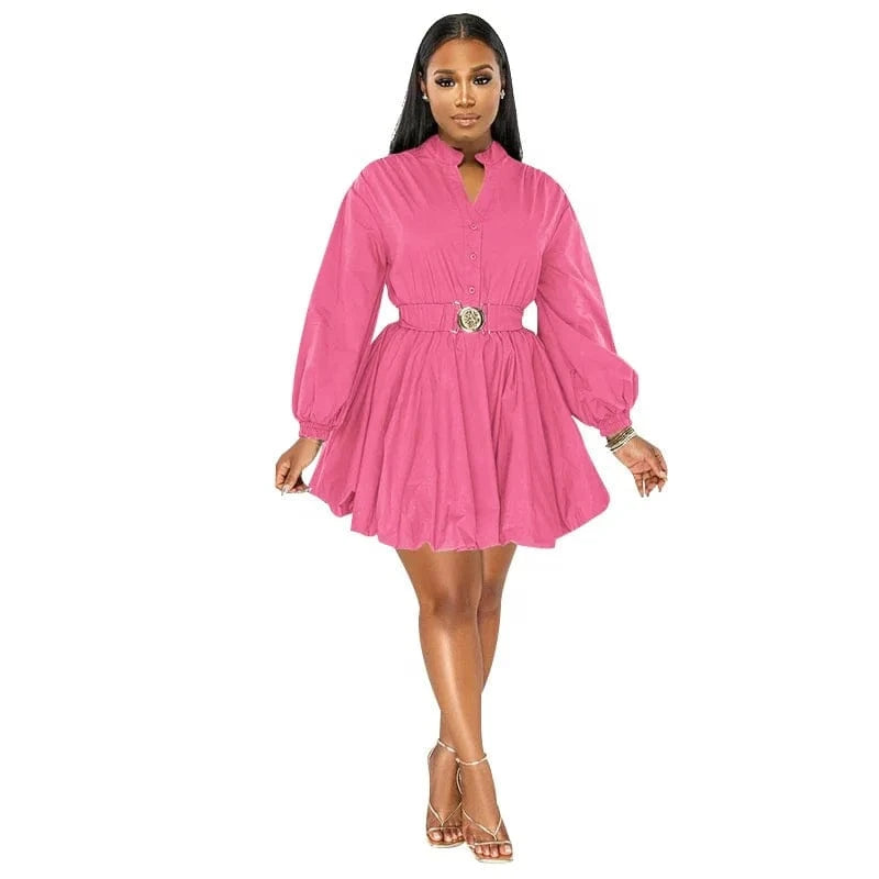 2024 Summer Sexy Solid Color Standing Collar Half-cardigan Long-sleeved Short Dress Bubble Skirt With Belt