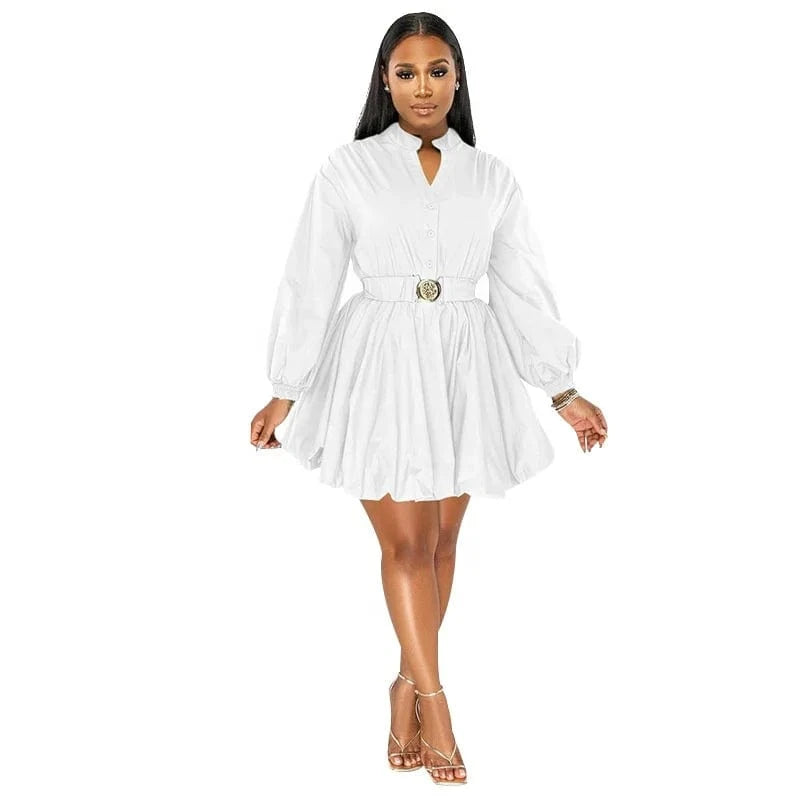 2024 Summer Sexy Solid Color Standing Collar Half-cardigan Long-sleeved Short Dress Bubble Skirt With Belt