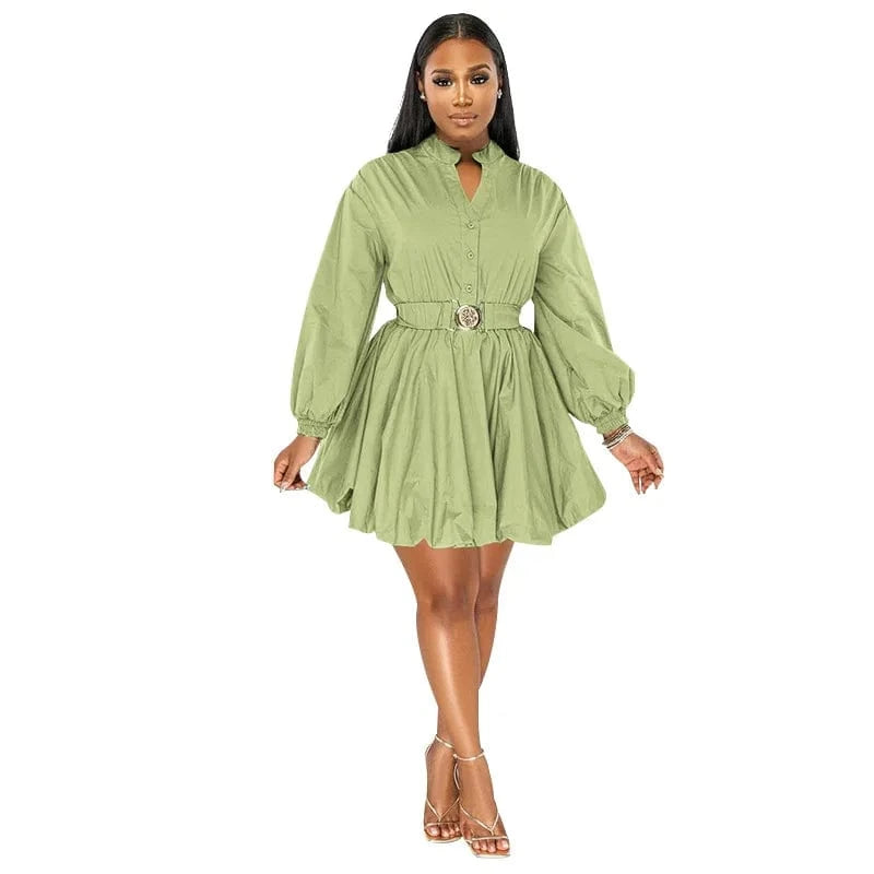 2024 Summer Sexy Solid Color Standing Collar Half-cardigan Long-sleeved Short Dress Bubble Skirt With Belt