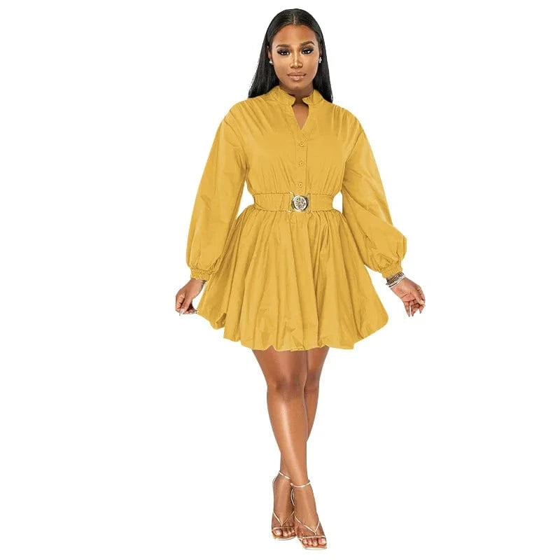2024 Summer Sexy Solid Color Standing Collar Half-cardigan Long-sleeved Short Dress Bubble Skirt With Belt