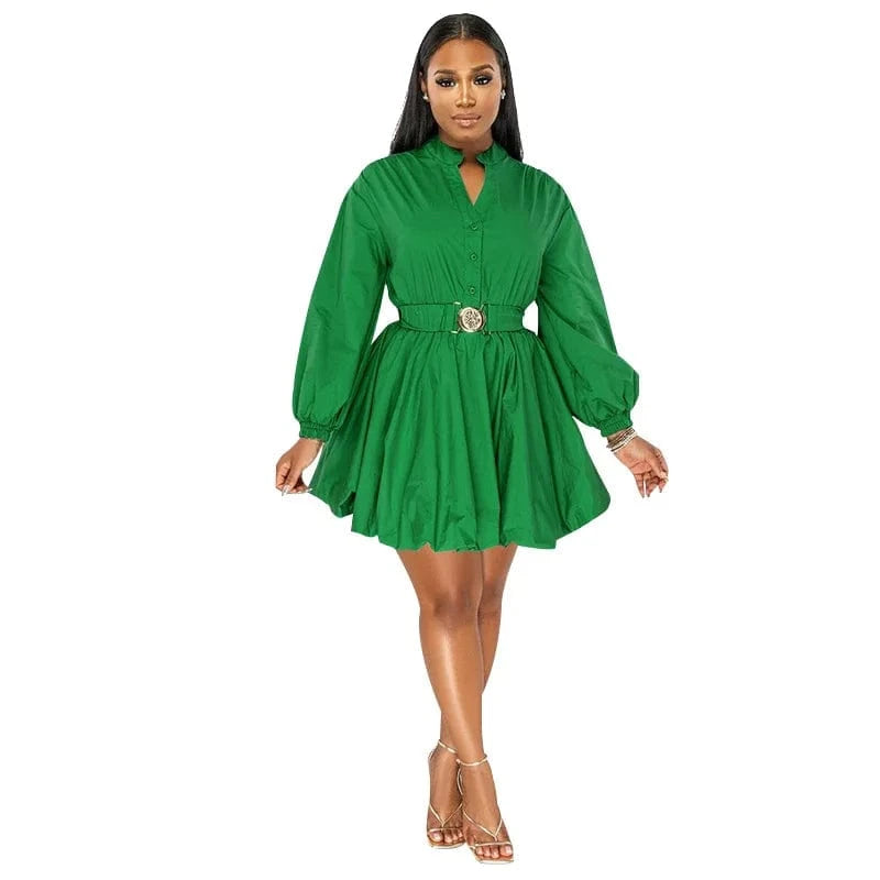 2024 Summer Sexy Solid Color Standing Collar Half-cardigan Long-sleeved Short Dress Bubble Skirt With Belt