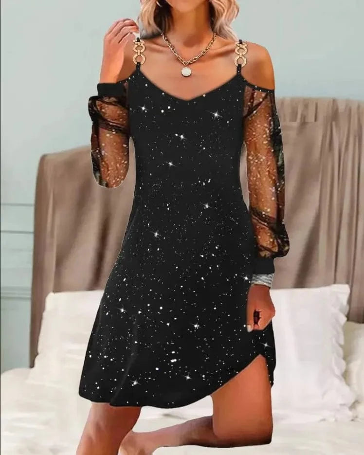 2024 Summer Women's clothing New V-neck printing Contrast color Stitching mesh Short Elegant Sexy Women's dress