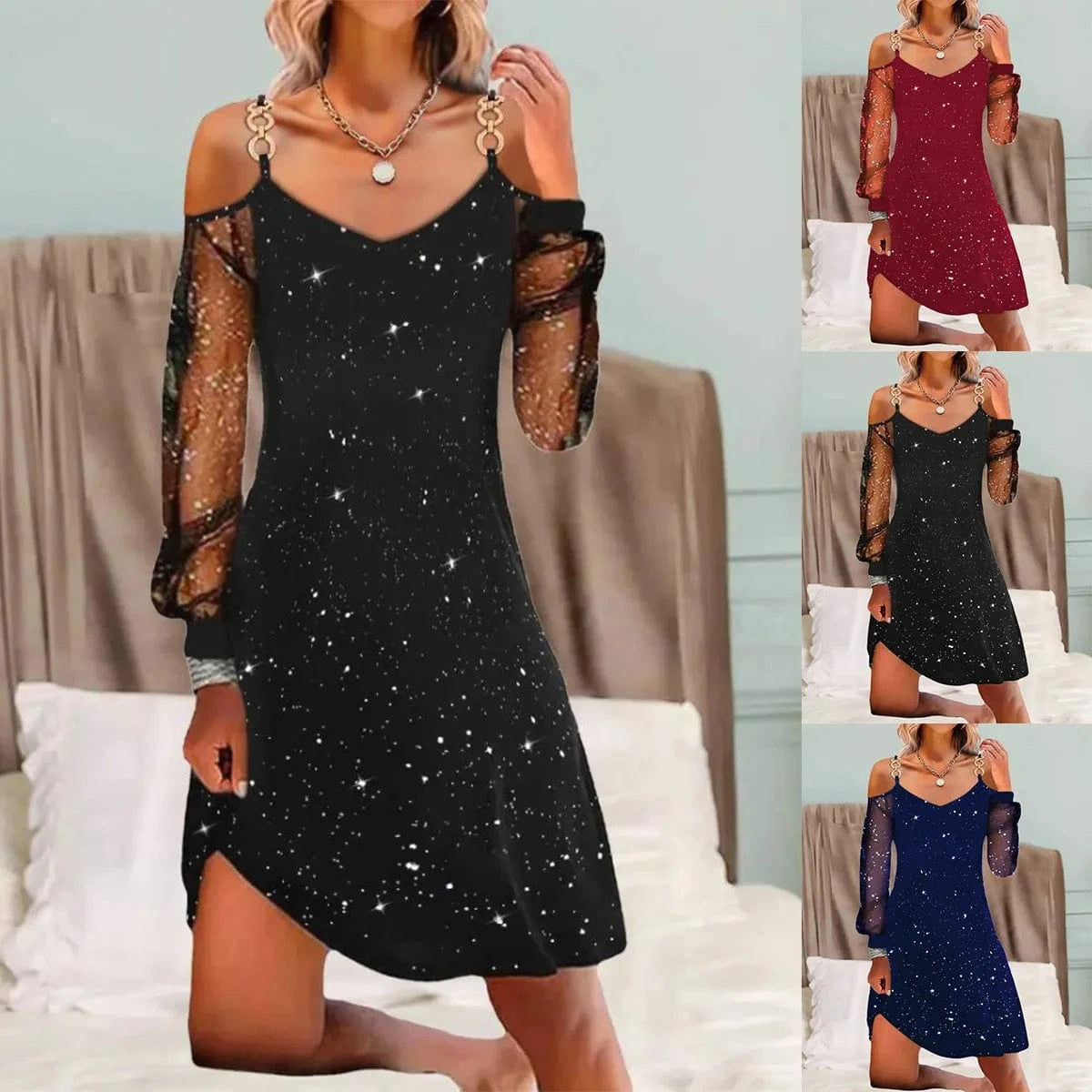 2024 Summer Women's clothing New V-neck printing Contrast color Stitching mesh Short Elegant Sexy Women's dress