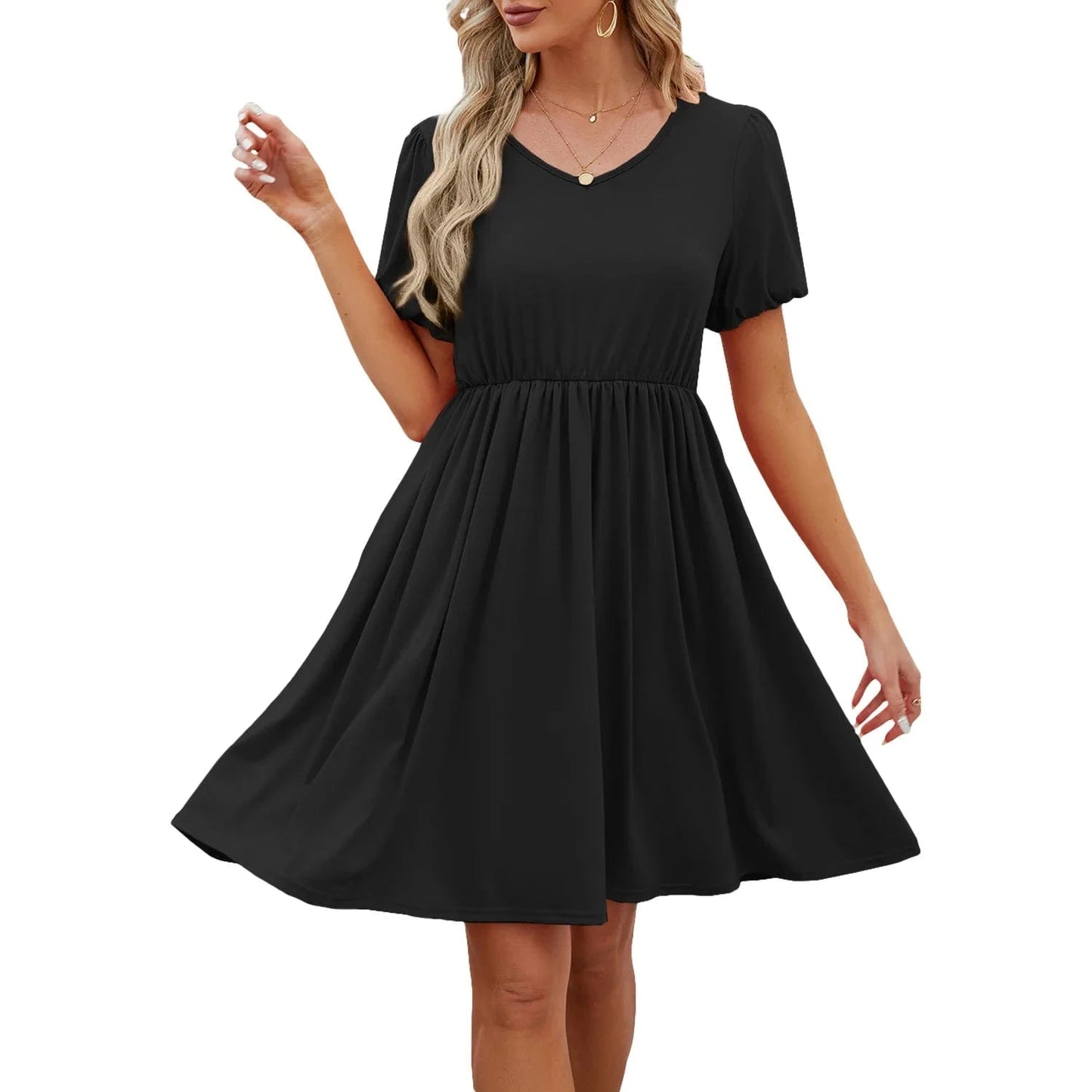 2024 Women Short Sleeve Dress Europe New Fashion Lady Spring Summer Patchwork V-neck Casual Daily Midi A-line Dress