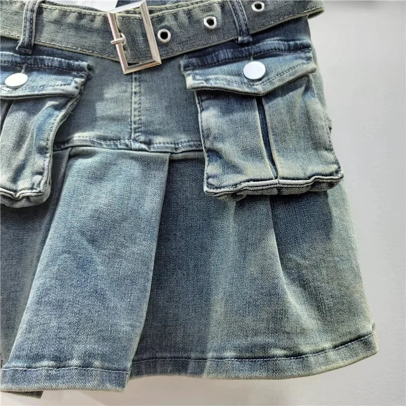 2024 Women Summer Pleated 3d Pockets Denim Cargo Skirt Y2k Elegant Vintage High Waist Belt A-line Jean Skirt
