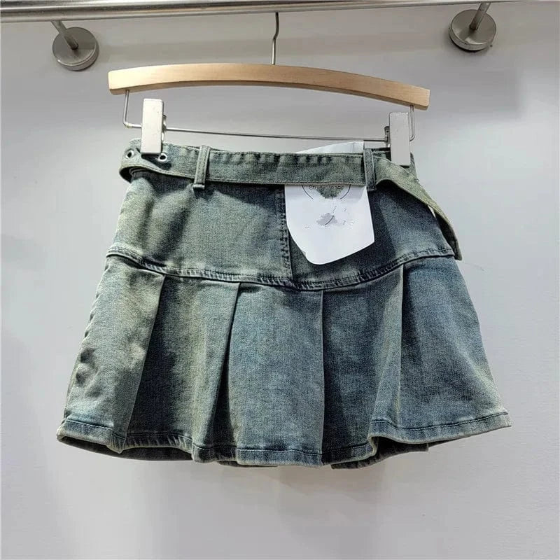 2024 Women Summer Pleated 3d Pockets Denim Cargo Skirt Y2k Elegant Vintage High Waist Belt A-line Jean Skirt