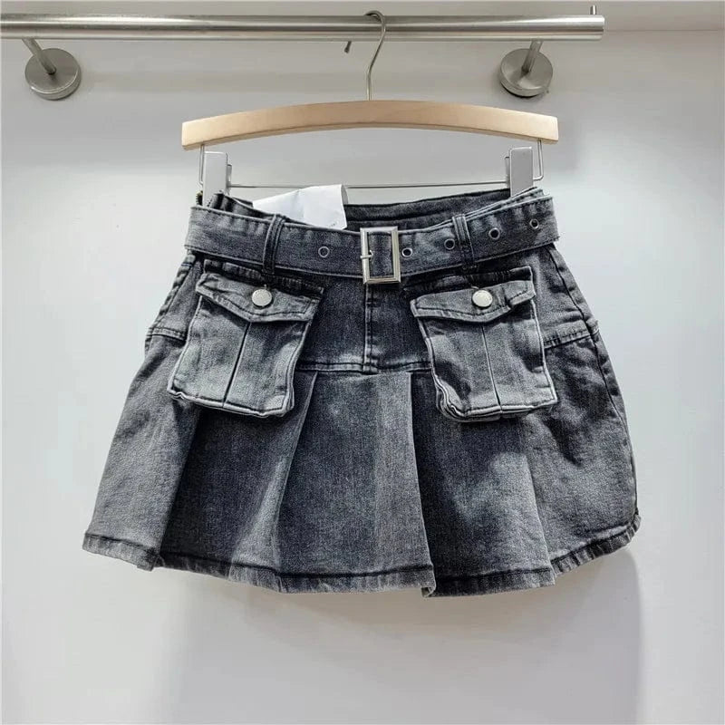 2024 Women Summer Pleated 3d Pockets Denim Cargo Skirt Y2k Elegant Vintage High Waist Belt A-line Jean Skirt