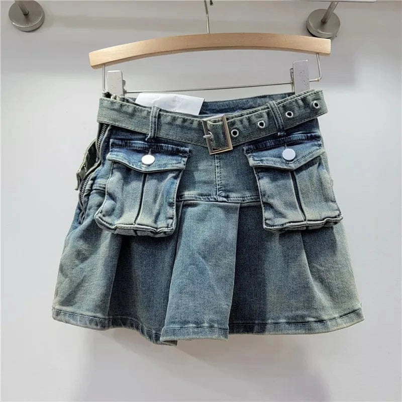 2024 Women Summer Pleated 3d Pockets Denim Cargo Skirt Y2k Elegant Vintage High Waist Belt A-line Jean Skirt
