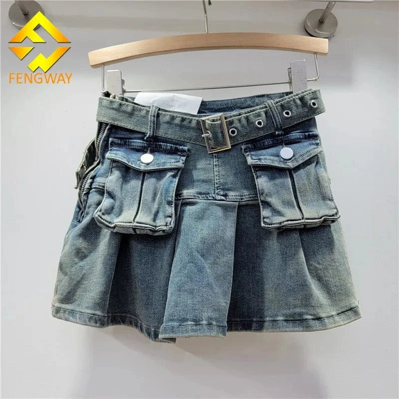 2024 Women Summer Pleated 3d Pockets Denim Cargo Skirt Y2k Elegant Vintage High Waist Belt A-line Jean Skirt