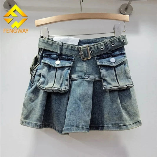 2024 Women Summer Pleated 3d Pockets Denim Cargo Skirt Y2k Elegant Vintage High Waist Belt A-line Jean Skirt