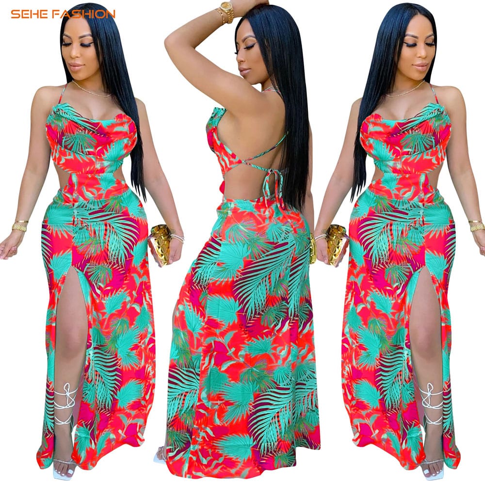 20730-MX75 sexy colorful print halter split design ladies dress sehe fashion