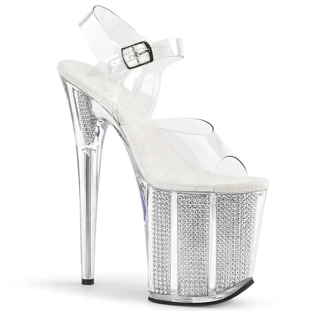 20cm super high heels club stiletto with full clear crystal dress sandals with round toe and shallow lip party shoes
