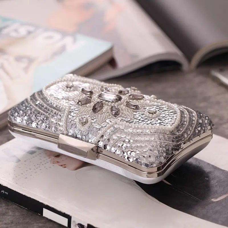 20X10X5CM / silver Fashion Women Bling Rhinestone Dinner Purse Ladies Evening Bag Bridal Diamond Beaded Bag Woman Clutch Handbag