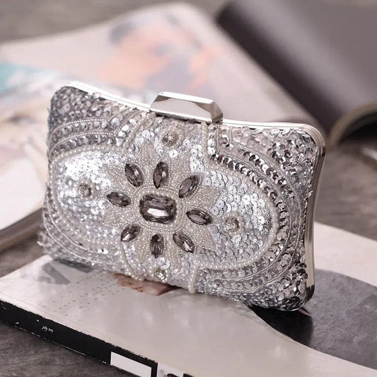 20X10X5CM / silver Fashion Women Bling Rhinestone Dinner Purse Ladies Evening Bag Bridal Diamond Beaded Bag Woman Clutch Handbag