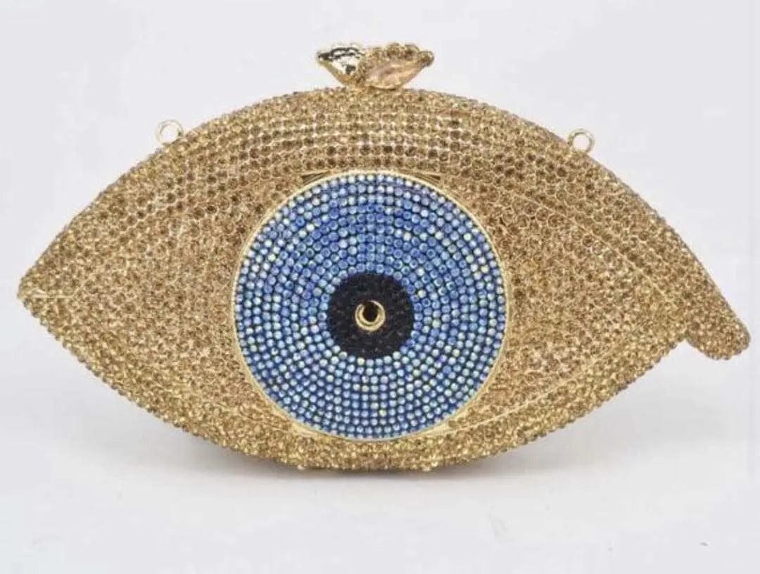 20X11X6CM / Gold Lady New Design Good Quality Sparkle Metal Evening Purse Rhinestone  Handbag Evil Eye Shape Woman Clutch Bags
