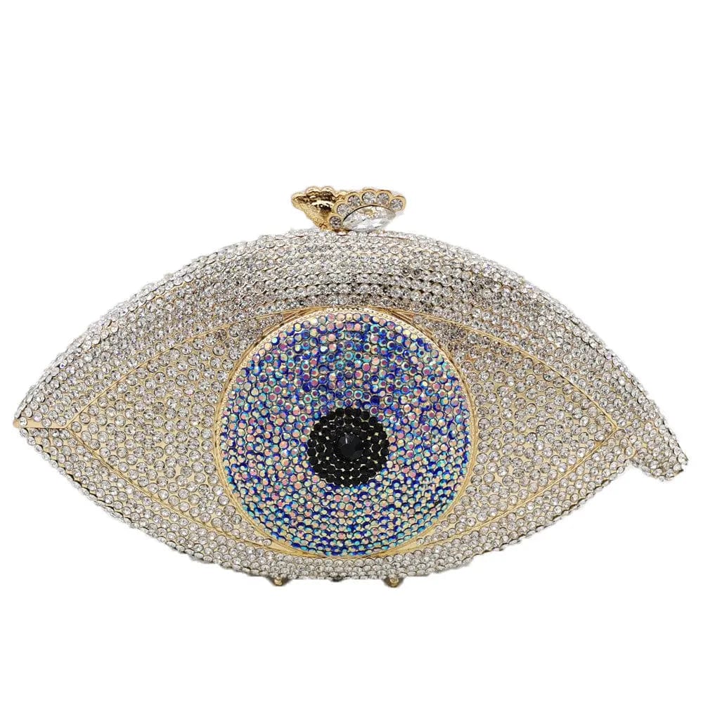 20X11X6CM / Silver Lady New Design Good Quality Sparkle Metal Evening Purse Rhinestone  Handbag Evil Eye Shape Woman Clutch Bags
