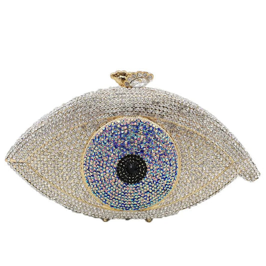 20X11X6CM / Silver Lady New Design Good Quality Sparkle Metal Evening Purse Rhinestone  Handbag Evil Eye Shape Woman Clutch Bags