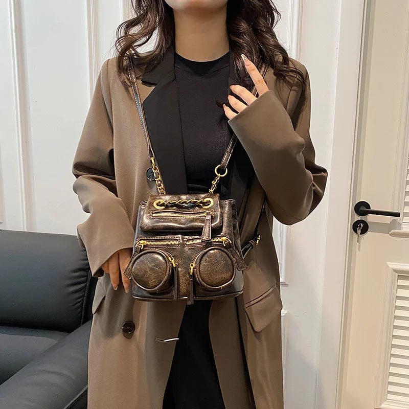 20x14x16cm / Gray NEW Leather One Shoulder Bag For Women Fashion 2024 New Trendy Double Pockets Zipper Chain Crossbody Bags Female