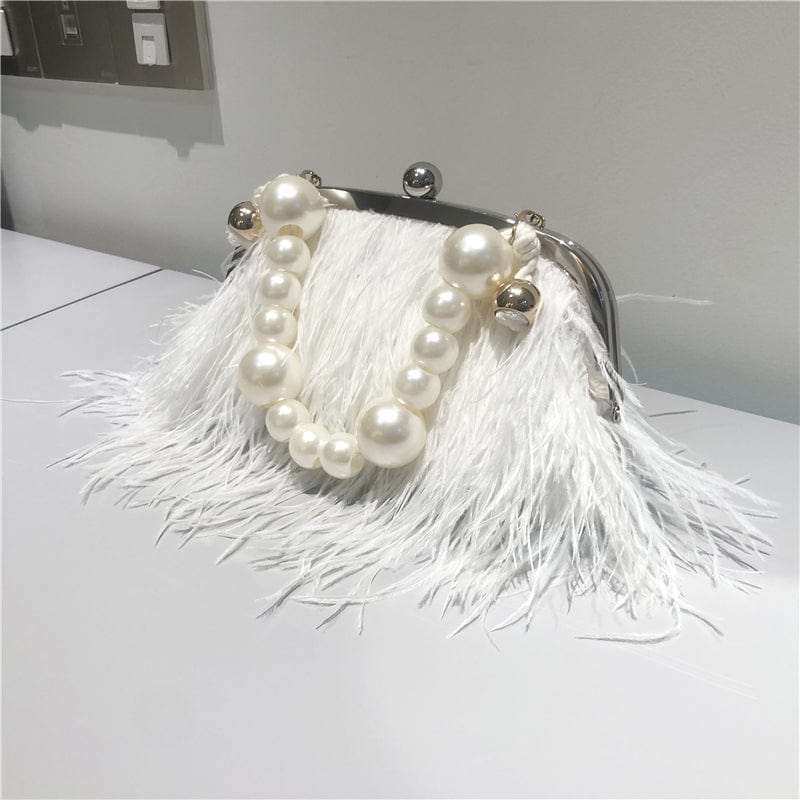 20x22x4cm / White with pearl chain Designer Handbags Famous Brands Wedding Party Dress Dinner Bags Fashion Ostrich Feather Woman Tote Shoulder Purse Faux Fur Bag