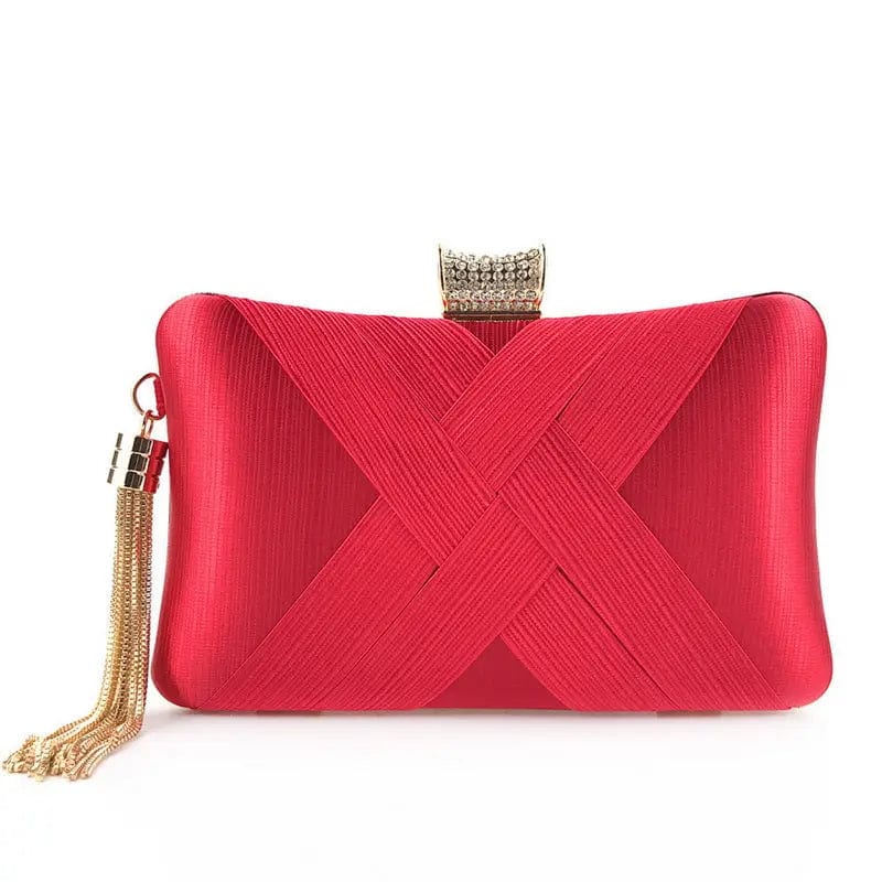20X8X12CM / Red Polyester Silk Women Clutch Bag with Tassel Fashion Wedding Party Bags Ladies Evening Clutch Bag Bridal Handbag