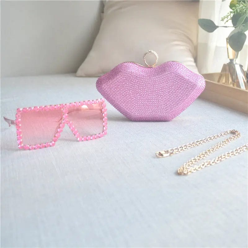 21X6X14CM / Pink Set Fashion Woman Hand Bags Wedding Diamond Clutch Woman Evening Bags Bling Lip Shape Rhinestones Purses And Sunglasses Set