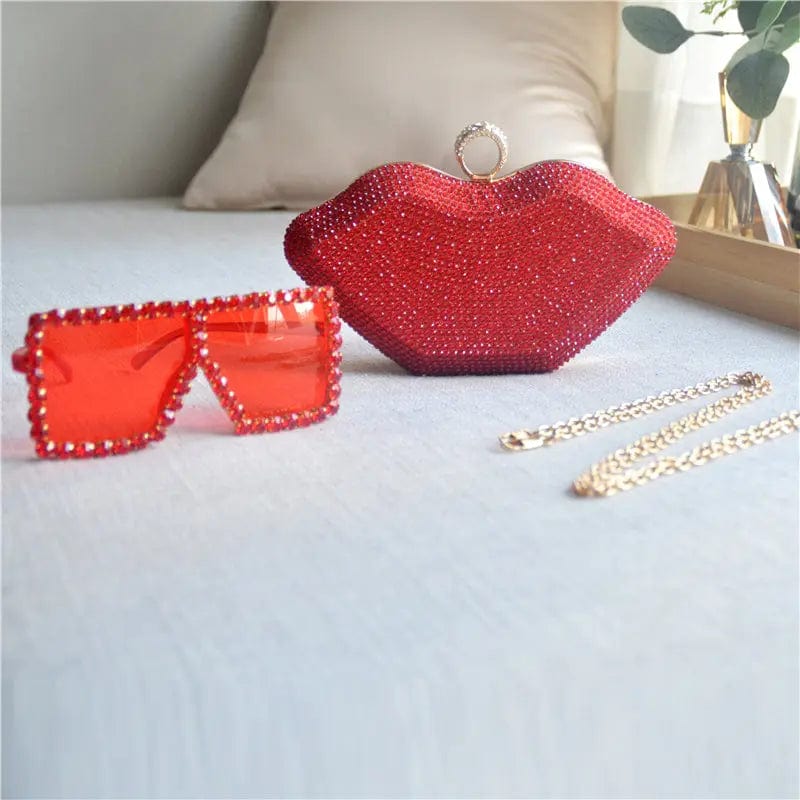 21X6X14CM / Red Set Fashion Woman Hand Bags Wedding Diamond Clutch Woman Evening Bags Bling Lip Shape Rhinestones Purses And Sunglasses Set
