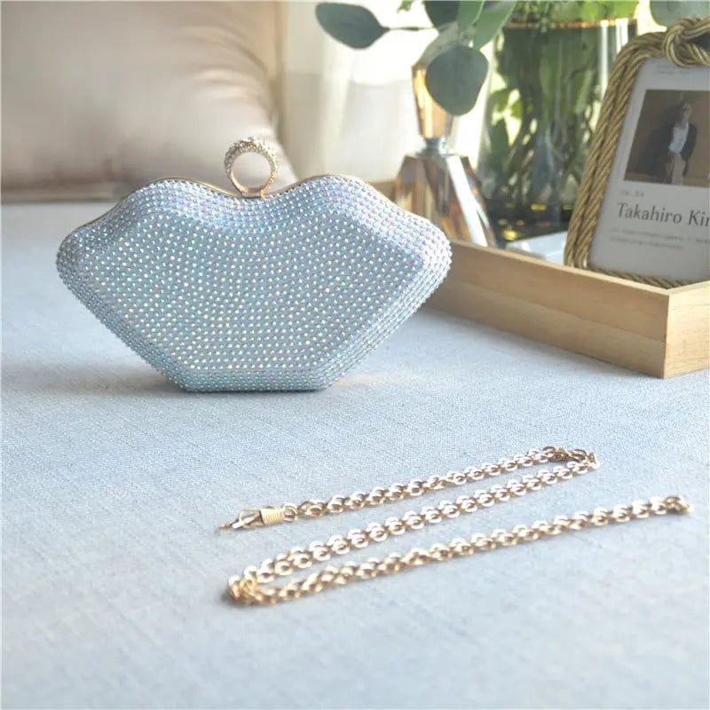 21X6X14CM / White Fashion Woman Hand Bags Wedding Diamond Clutch Woman Evening Bags Bling Lip Shape Rhinestones Purses And Sunglasses Set