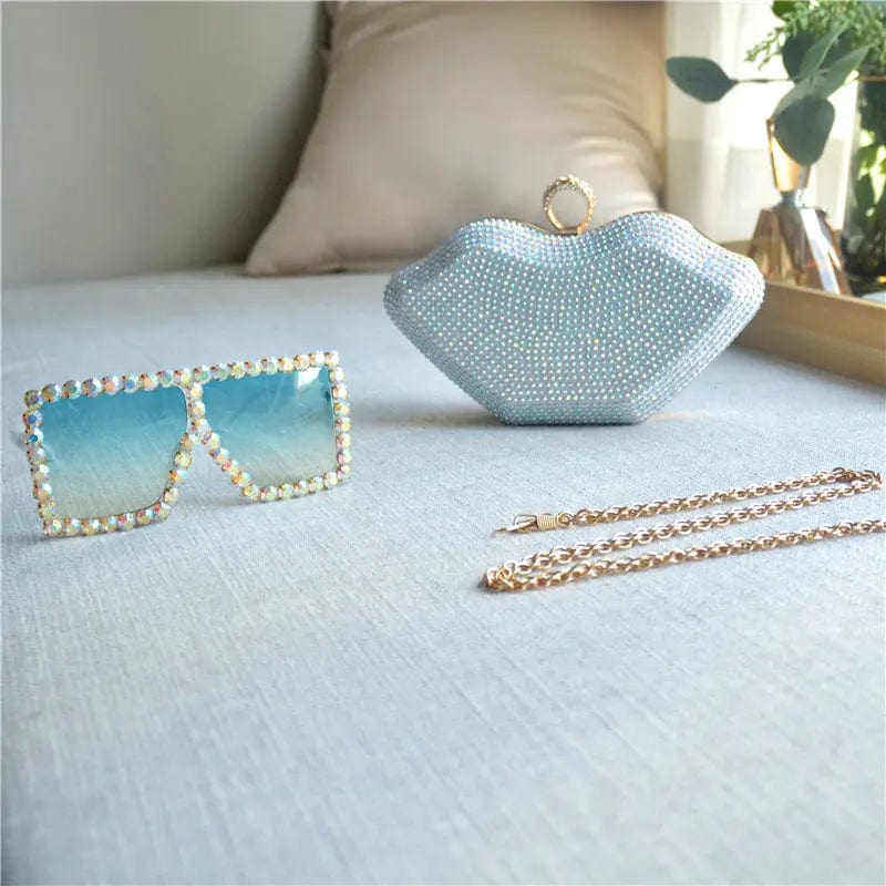 21X6X14CM / White Set Fashion Woman Hand Bags Wedding Diamond Clutch Woman Evening Bags Bling Lip Shape Rhinestones Purses And Sunglasses Set