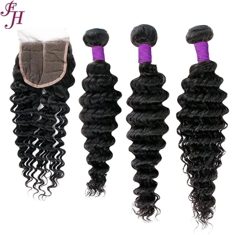 22" 22" 22"+18" 4 transparent lace closure / Deep wave FH wholesale cheap brazilian virgin human hair bundle lace frontal 4x4 transparent lace closures with 3 raw hair bundles
