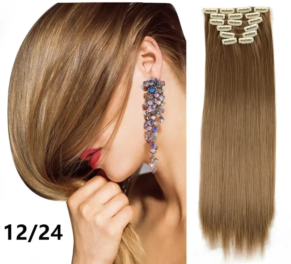 22 Inches / 12/24 Wholesale Custom Packaging 7pcs/set Synthetic Natural Silky Straight Seamless Invisible Clip In Hair Extensions