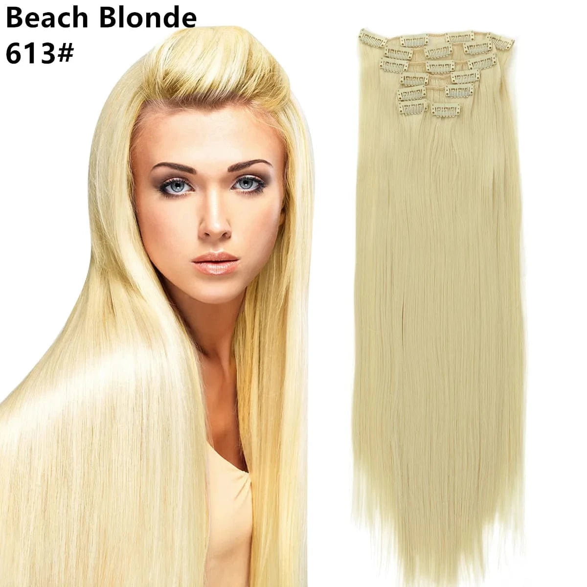 22 Inches / 613# Wholesale Custom Packaging 7pcs/set Synthetic Natural Silky Straight Seamless Invisible Clip In Hair Extensions