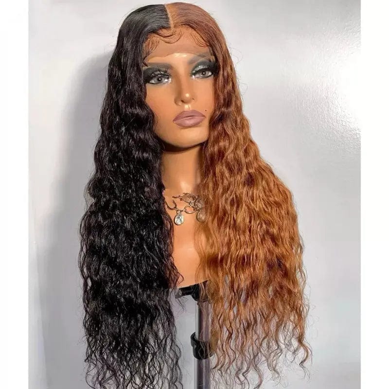22 Inches / Half Natural Black Half Medium Auburn Color Personality Long Water Wave Wig Long Part Half Natural Black Half Medium Auburn Lace Front Wig