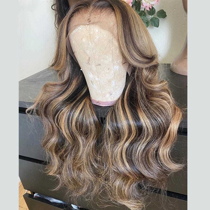 22 Inches / Highlight Honey Blonde Platinum Blonde Highlight Color Body Wave Virgin Human Hair Lace Front Wigs With Natural Hairline