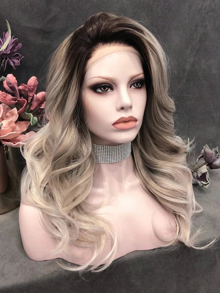 22 Inches / N9-C128-GL Celebrity 22inch 150% Density DYED C128 Natural Color Wave pre plucked hairline synthetic lace wigs heat resistant