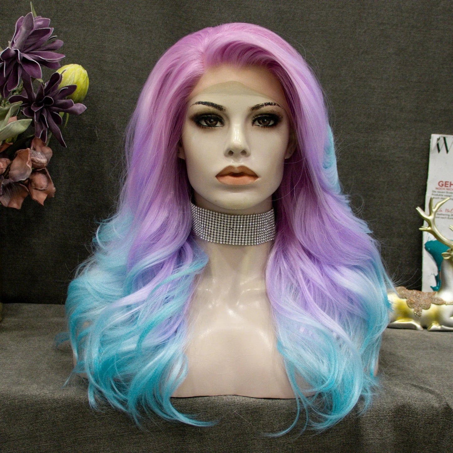 22 Inches / N9-SF01-2151-a-GL Celebrity 22inch 150% Density dyed purple blue Natural Color Wave pre plucked hairline synthetic lace wigs heat resistant