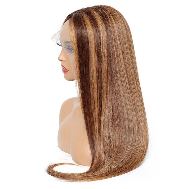22 Inches / Piano 4/27# New fashional piano colored lace frontal human hair wig,P4/27 double drawn ombre color highlight T Part lace Front Wig