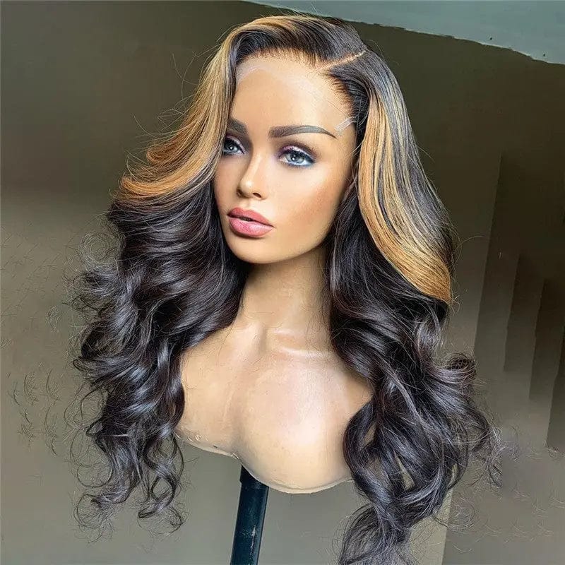 22 Inches / # style1 Unprocessed Vietnam Human Hair Brown Black Highlight Color Loose Wave Cuticle Aligned Lace Front Wigs