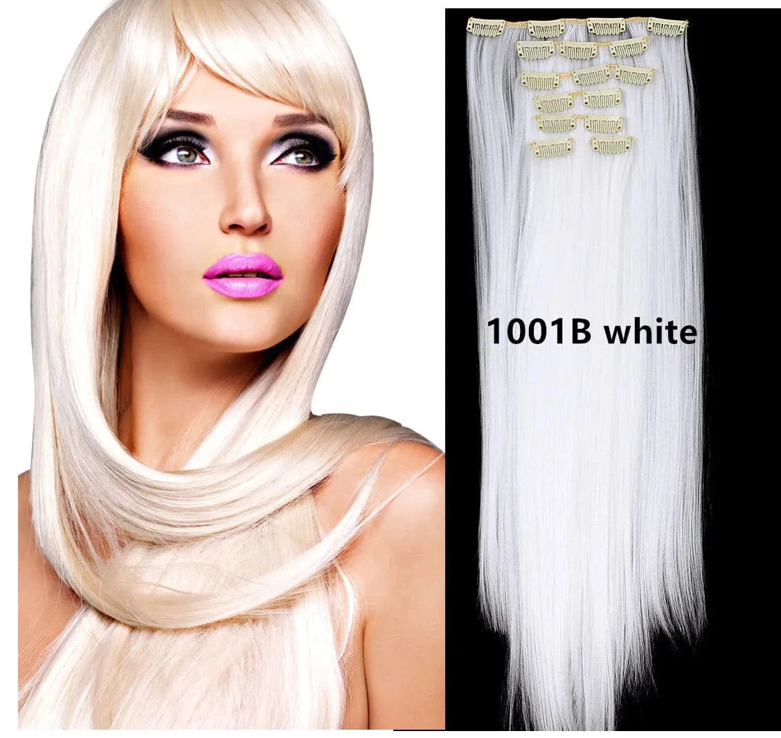 22 Inches / White 1001B Wholesale Custom Packaging 7pcs/set Synthetic Natural Silky Straight Seamless Invisible Clip In Hair Extensions