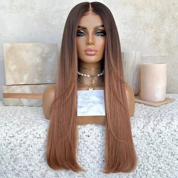 22 Inches / Wig 2 Freedon Unique Pink Red Highlight Medium Density Long Straight Virgin Russian Soft Cuticle Human Hair Swiss Lace Front Wigs