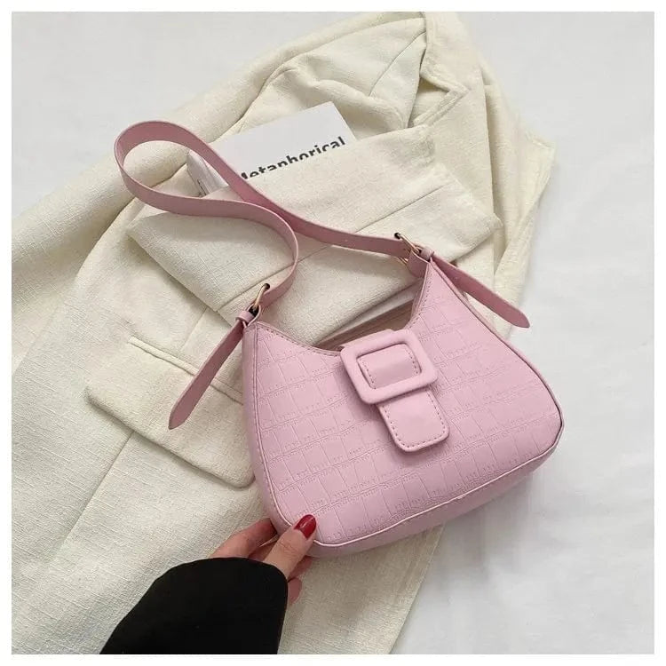 22x13x6cm / Pink Women Belt Lock Stone Pattern Underarm Bag Casual Shoulder Handbag 2024 Fashion Light Weight Korean Version Square Buckle Purse